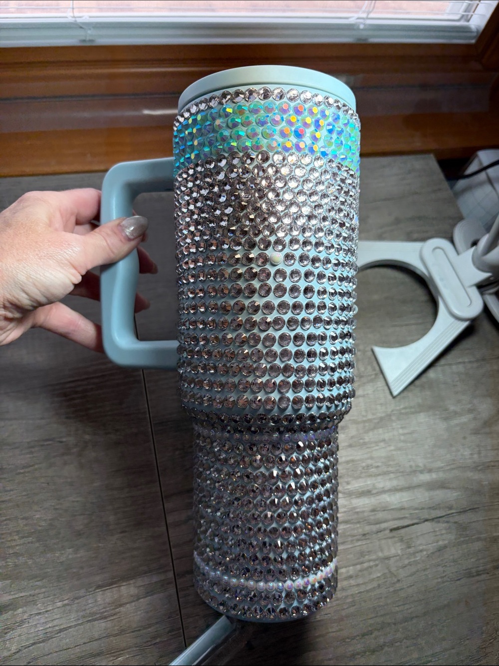 Crystal-Embellished Light Blue Travel Tumbler with Handle